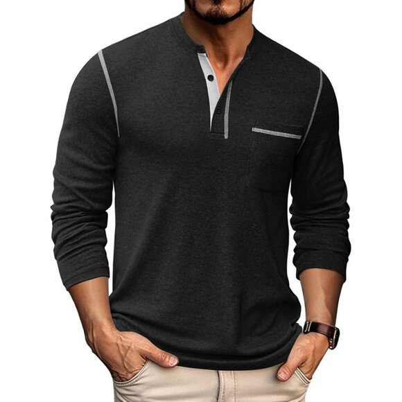 Coofandy Men Black Henley Long Sleeve Button T-Shirtwith Pocket